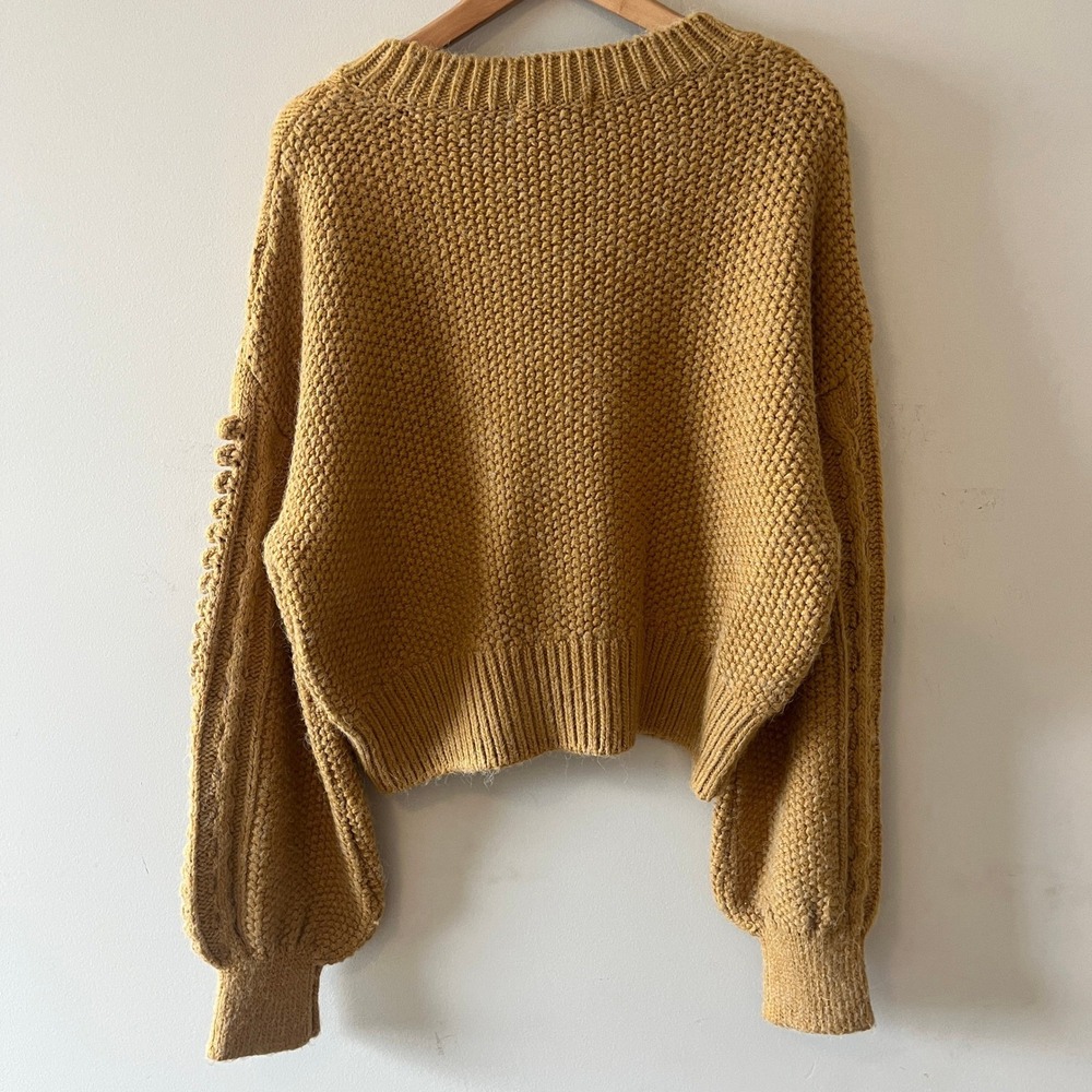 Anthropologie Mustard Yellow Cable Knit Crewneck Sweater XL - Picture 3 of 8